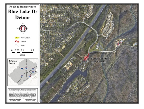 Blue Lake Drive Detour map that shows daily lane closure on a google map