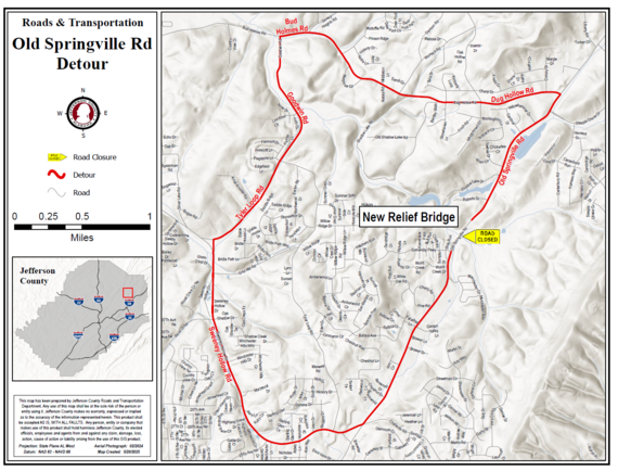 map showing suggested detour for temporary road closure. Yellow arrow marks the spot of the closure for bridge work