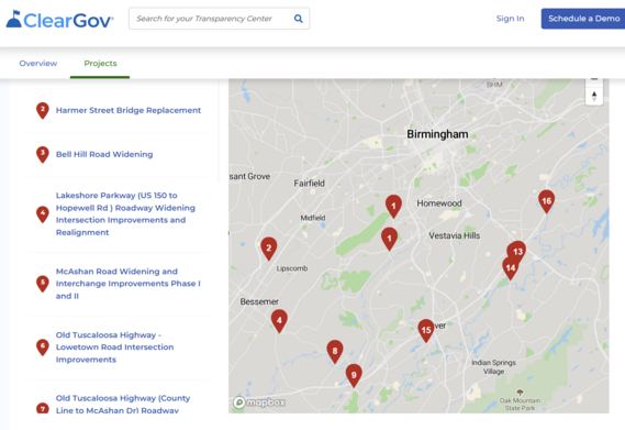 Screenshot of roads and transportation project pages