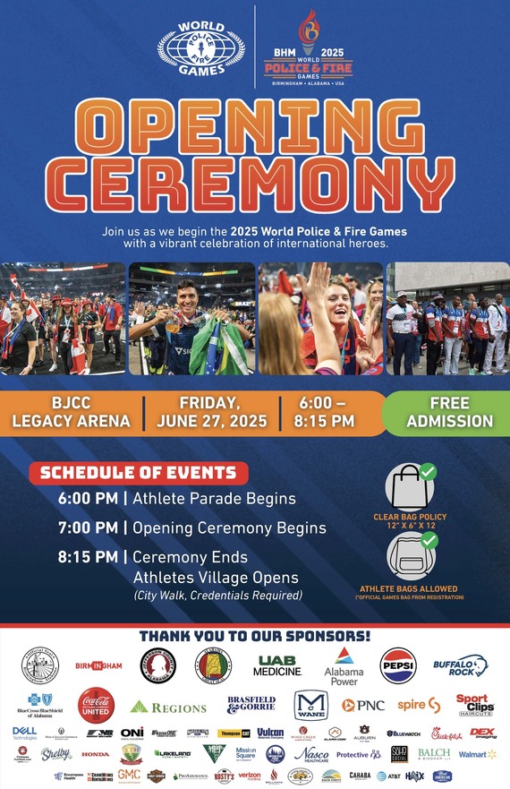 Flyer for World Police and Fire Games grand opening ceremony