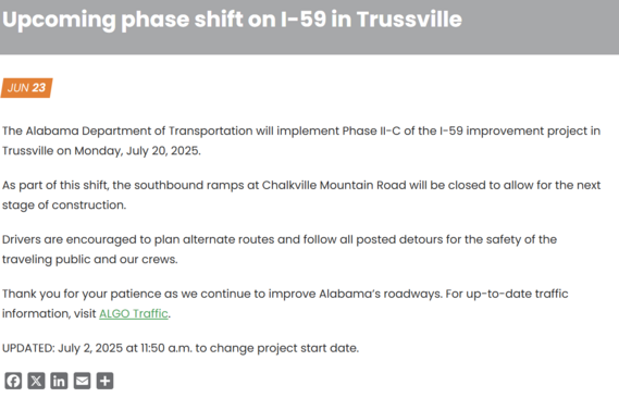 Screen shot of ALDOT webpage on Trussville Project