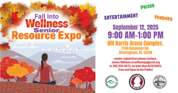 flyer for Fall Senior Health Fair woman sitting in yoga pose, with fall leaves and event information on top