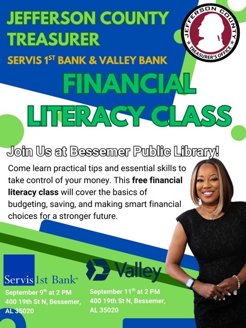 poster in blue and green with picture of Jefferson County Treasurer