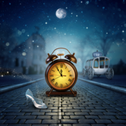 Graphic designer created image using AI, to show a clock on a cobblestone street with a carriage in the background