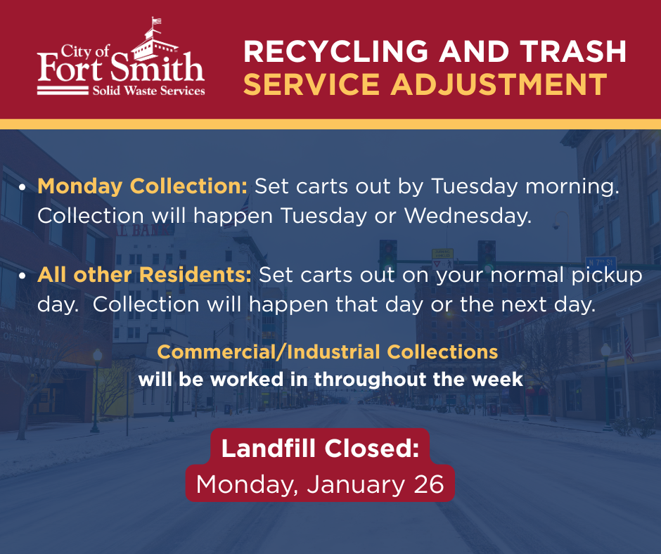 Graphic explaining all of the information in the email above on a backdrop of a snowy scene of downtown Fort Smith. 