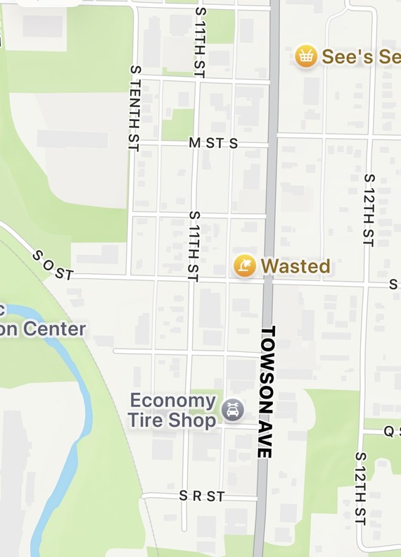 Map of Towson Avenue with variou side streets, including 11th Street where the incident took place