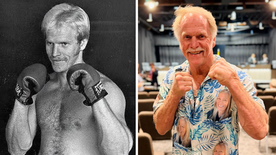 Bobby Crabtree poses in a boxing stance in past and present comparison.