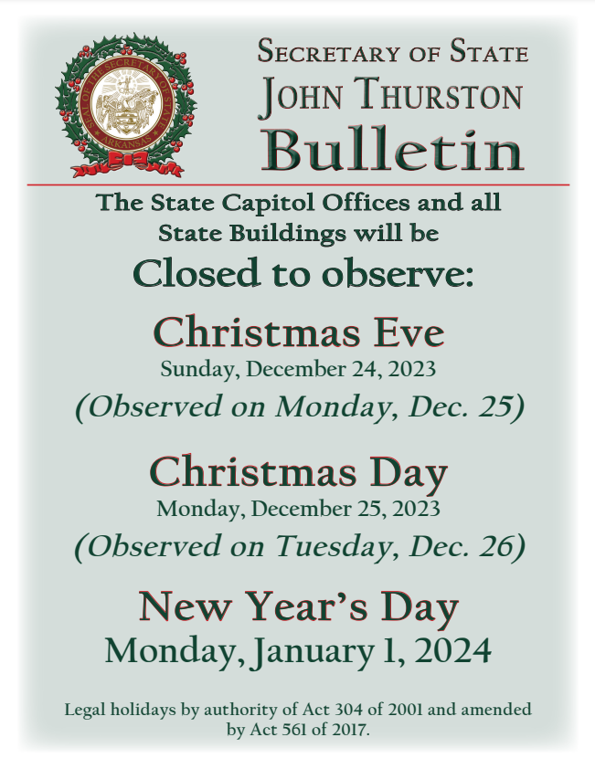 State Holiday Bulletin December 2526, 2023; January 1, 2024