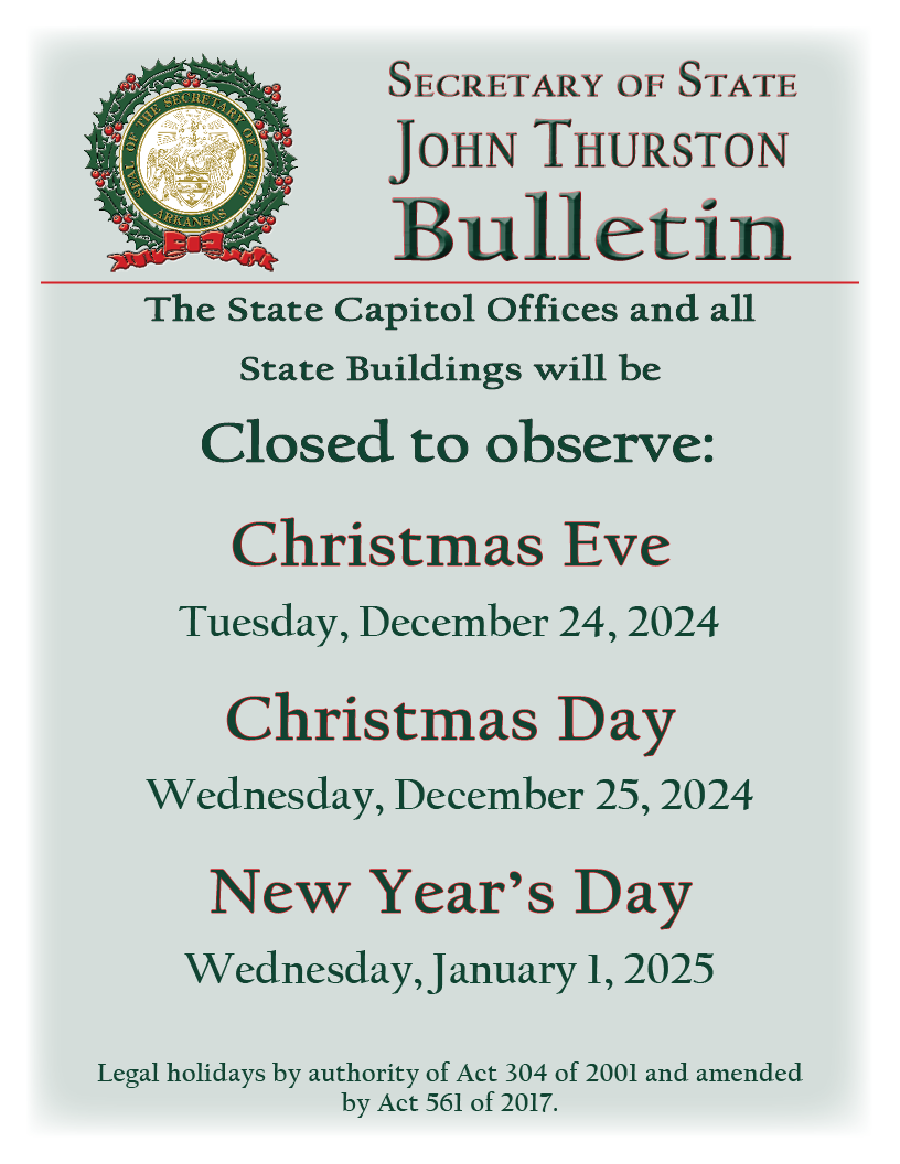 State Holiday Bulletin December 2425, 2024; January 1, 2025
