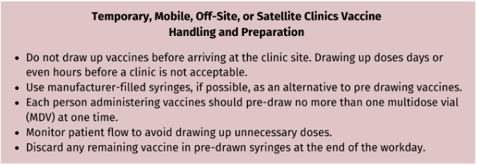Temporary, Mobile, Off-site or Sarellite Clinics Vaccine Handling and Preparation