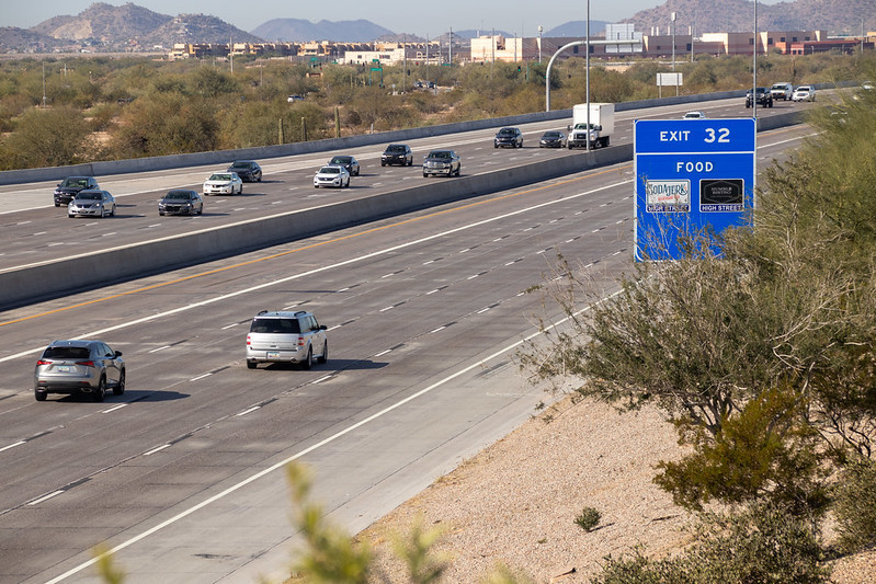 Photo of new lane striping ADOT is testing on Loop 101 for visibility, especially in bright sunlight.