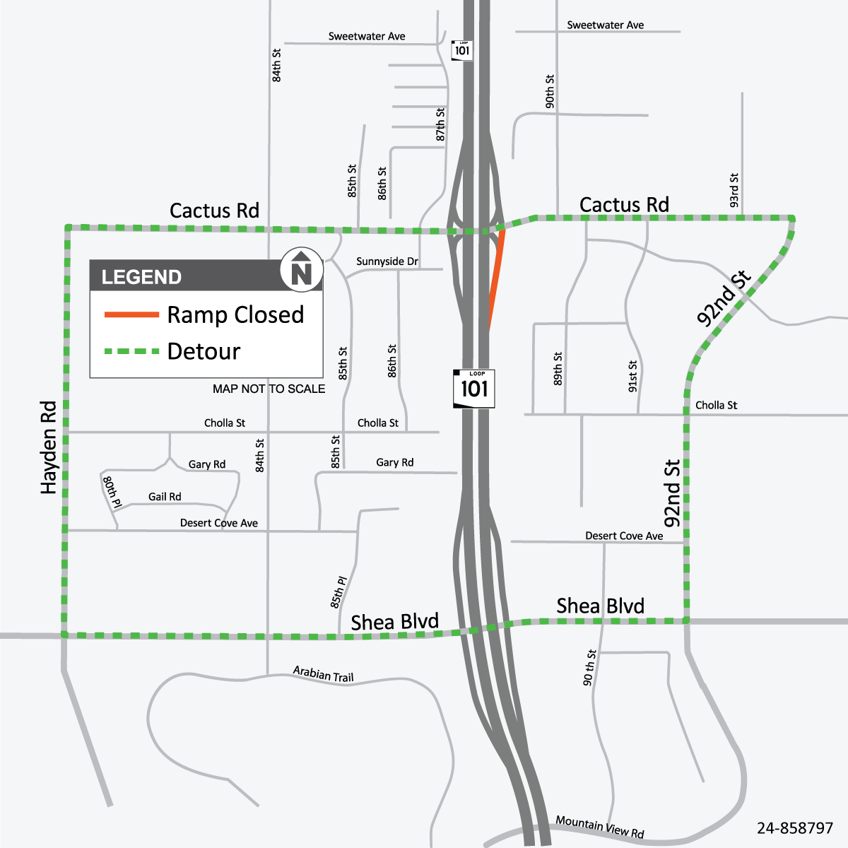 Map showing the closure of the northbound Loop 101 off-ramp at Cactus Road and the suggested detour