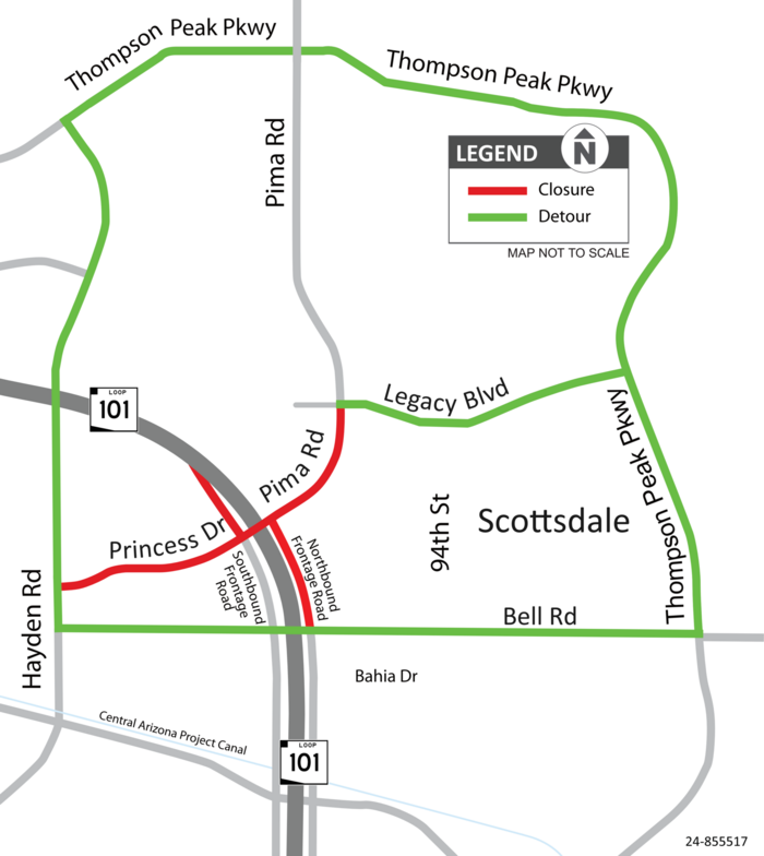 Map showing the closure of Princess Drive/Pima Road and detours