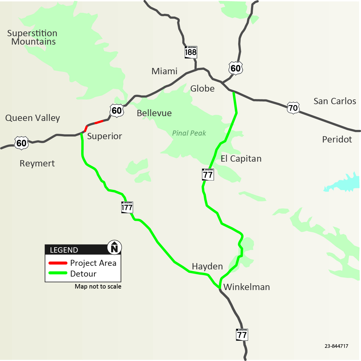 US 60 Queen Creek Bridge detour map