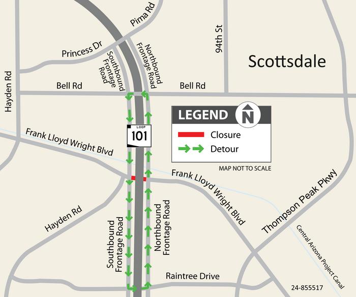 Map showing the location of the closure and the recommended detour. 
