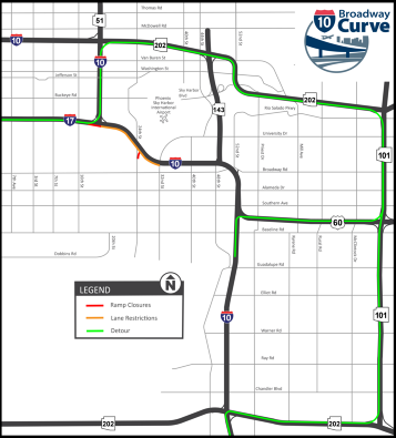 Southbound I-17 ramp to eastbound I-10 detour map