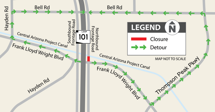 Map showing the location of the northbound Loop 101 frontage road closure and the recommended detour