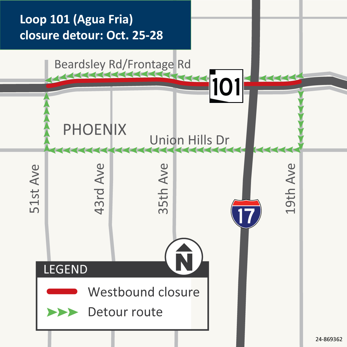 detour map for Loop 101 closure oct. 25-28