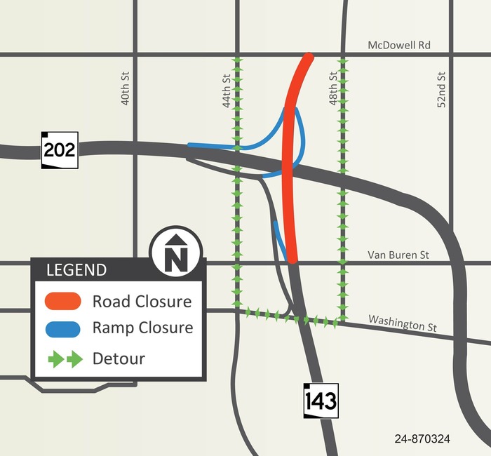 A map showing detour routes for the SR 143 closure planned this weekend (Nov. 8-11). Alternate routes include using 44th or 48th streets.