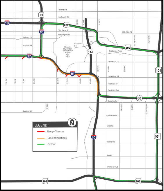 Southbound I-17 ramp to eastbound I-10 closure map