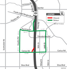 Map showing the closure of the southbound Loop 101 off-ramp at Cactus Road and the recommended detour