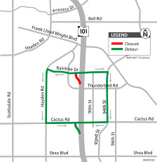 Map showing the closure of the southbound Loop 101 on-ramp at Raintree Drive and the recommended detour