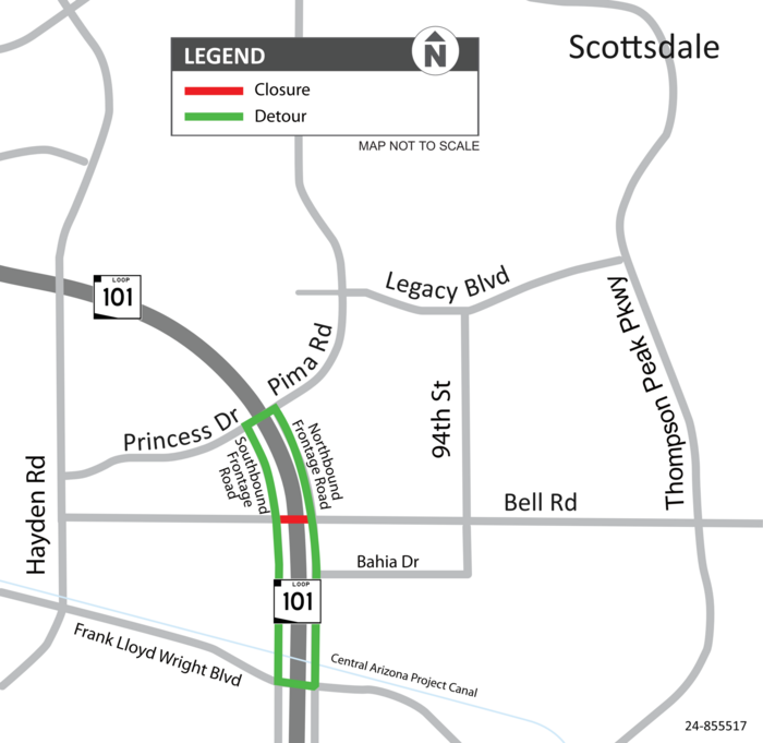 Map showing the Bell Road closure and recommended detour
