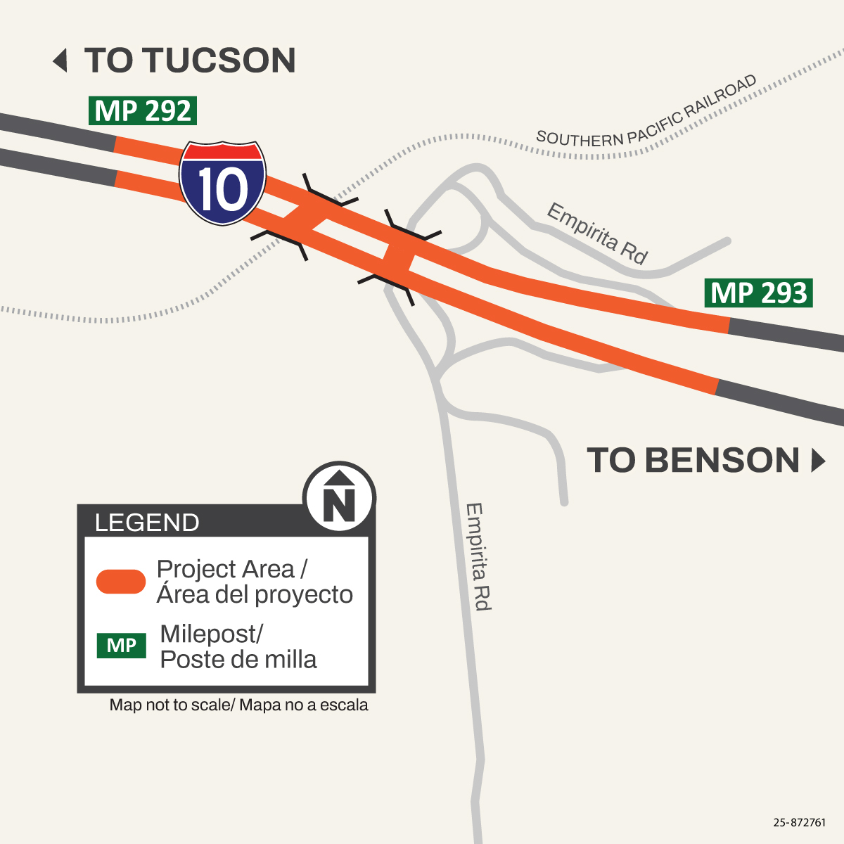 Map of Interstate 10 (east- and westbound) between mileposts 292 and 293. Tucson is to the west and Benson is to the east.
