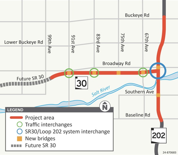 Map showing the SR 30 project between 97th Avenue and Loop 202.