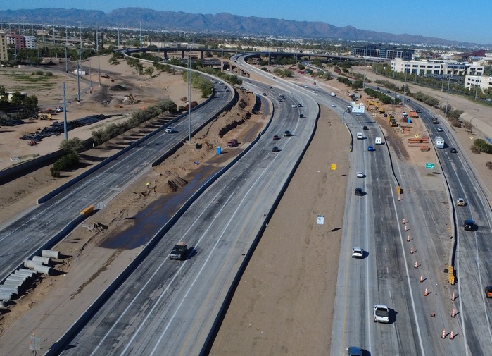 The Loop 202 (Santan) widening project, the west-facing view of the southbound Loop 101 to eastbound Loop 202 ramp.