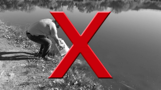 illegal fish stocking photo of man illegally dumping fish into a lake covered by a big red x