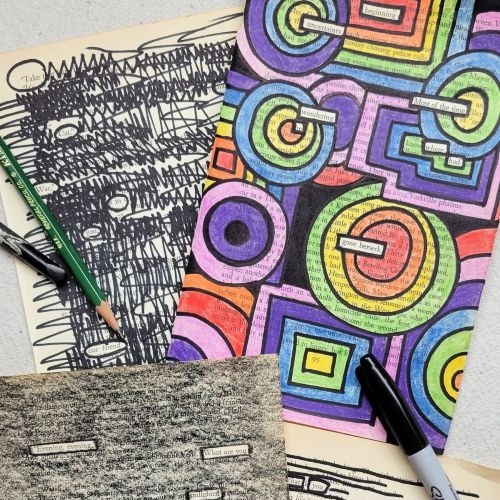 Random book pages turned into colorful blackout poems