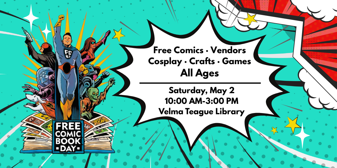 A group of diverse comic book characters stand heroically above an open book displaying FREE COMIC BOOK DAY