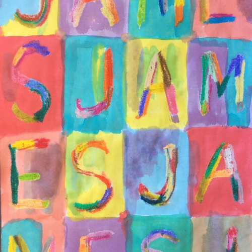 Colorful block letters painted in watercolor in the style of Jasper Johns