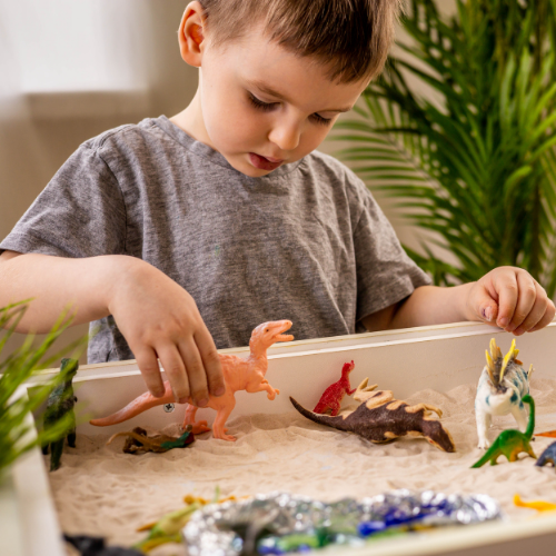 A child plays at a water and sand table with plastic dinosaurs. 