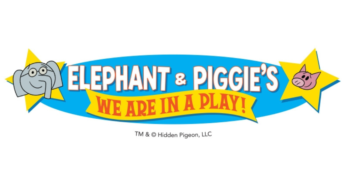 The title card for Elephant & Piggie's 'We Are In A Play!', featuring cartoon images of an elephant and a pig on yellow stars against a blue banner.