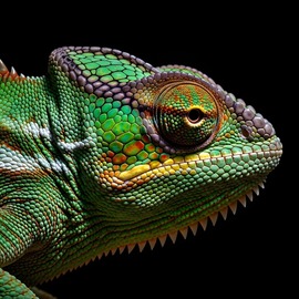 Close up of a vibrant green chameleon against a black background