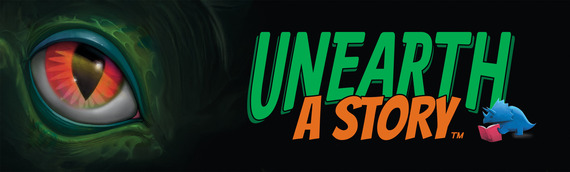A black background with the eye of a large creature and text reading "Unearth a Story"