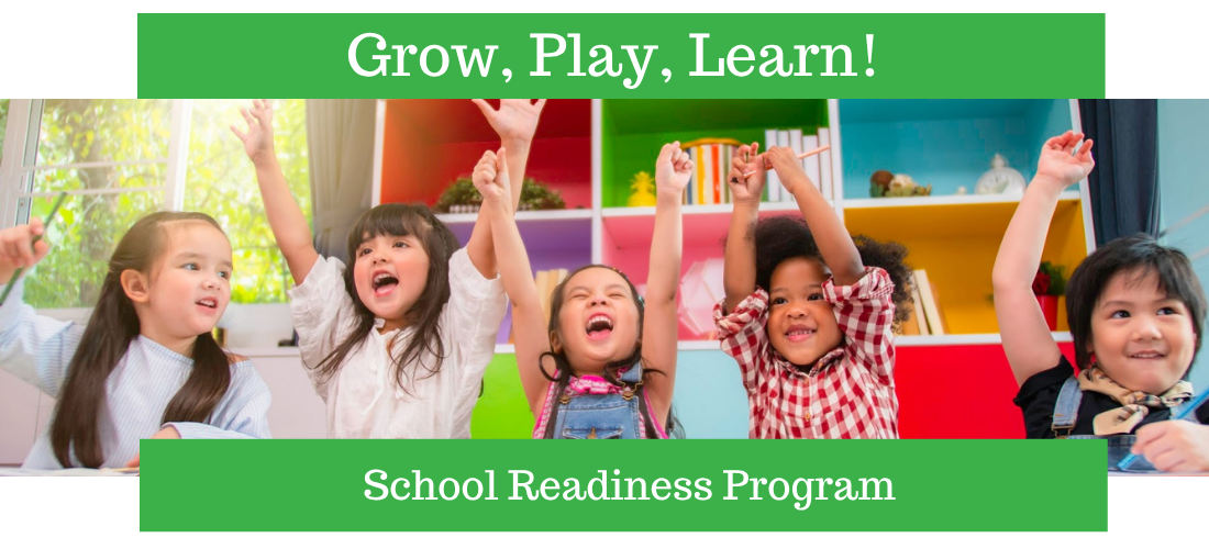 Image of excited children and text reading Grow Play Learn School Readiness Program