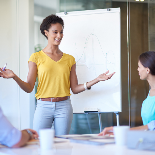 A woman in a yellow shirt and grey pants presents in front of a whiteboard it to two people seated at a table.