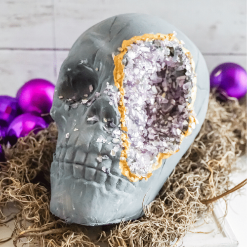 A grey skull with a geode-like opening filled with purple crystals, surrounded by moss and purple ornaments.