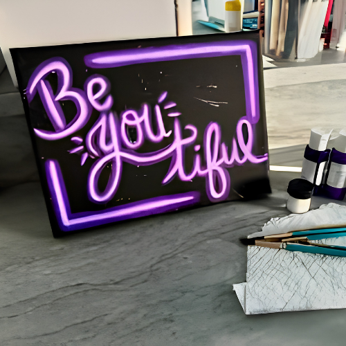 A canvas with the words "Be you tiful" written in purple neon-like lettering against a black background, framed by a purple neon border. 