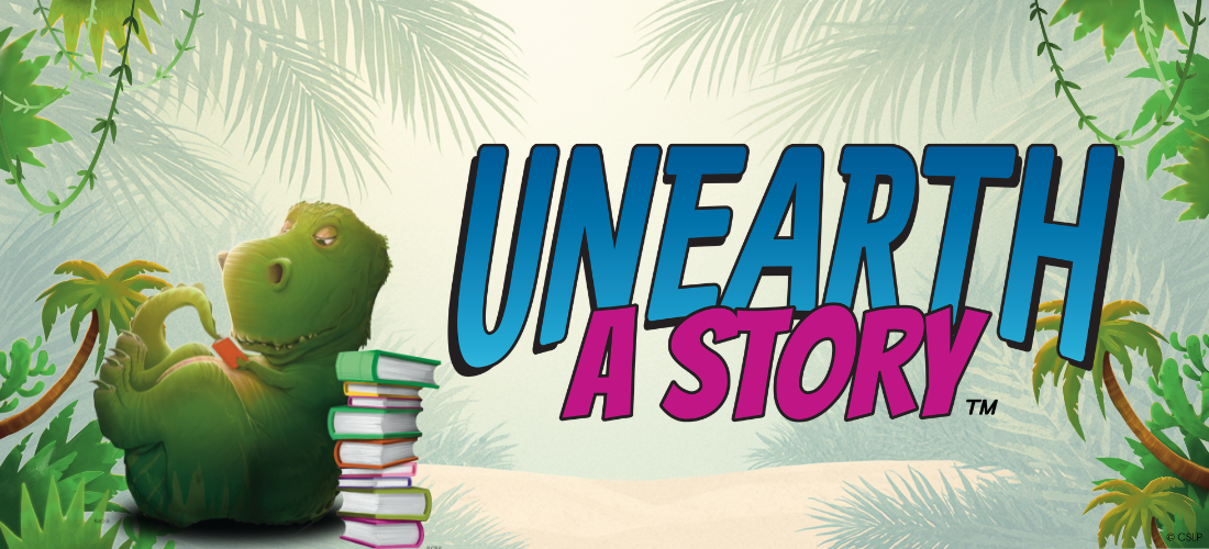 A cartoon t-rext leans against a stack of books in a jungle setting.  Text reads: Unearth a Story