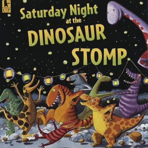 A group of cartoon dinosaurs dancing under a string of festive lights against a starry night sky. 