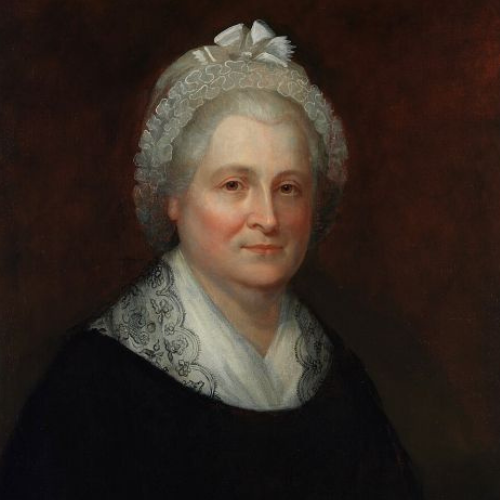 A portrait painting of a woman wearing a white lace cap and collar, and a dark dress against a dark background.