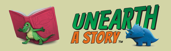 A cartoon green dinosaur leans against an open pink book, with the words "UNEARTH A STORY" in green and orange text above a blue triceratops.
