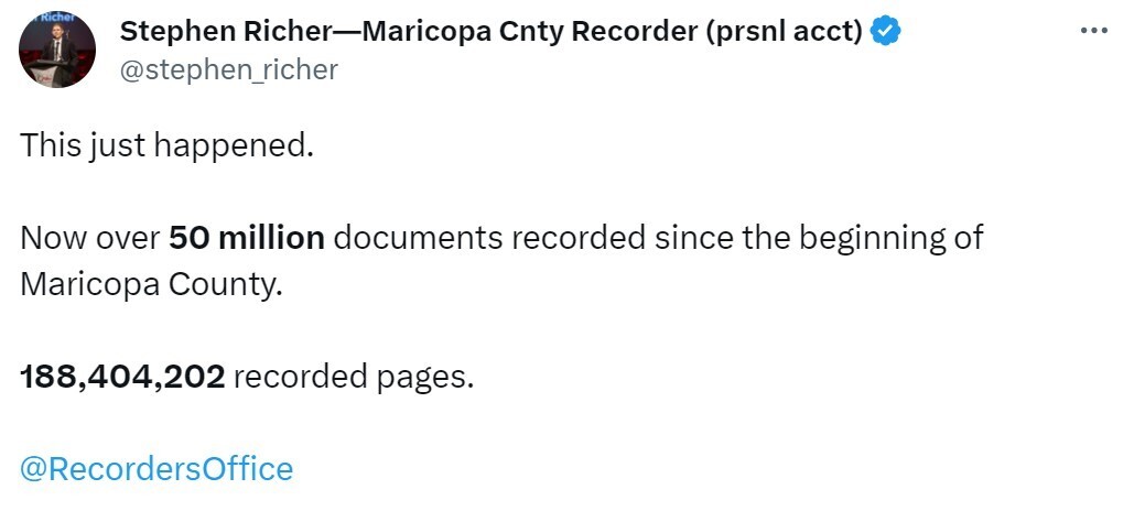 Recorder Stephen Richer's Personal Tweet Announcing 50,000,000 Recorded Documents