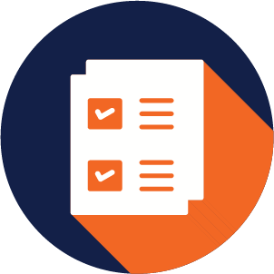 Planning icon - blue circle with white and orange paper with checkmarks