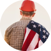 Labor day worker with American flag draped over shoulder
