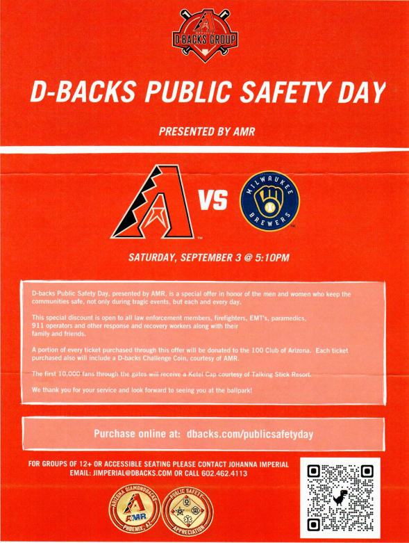 Reminder DBacks Public Safety Day, Saturday, September 3rd